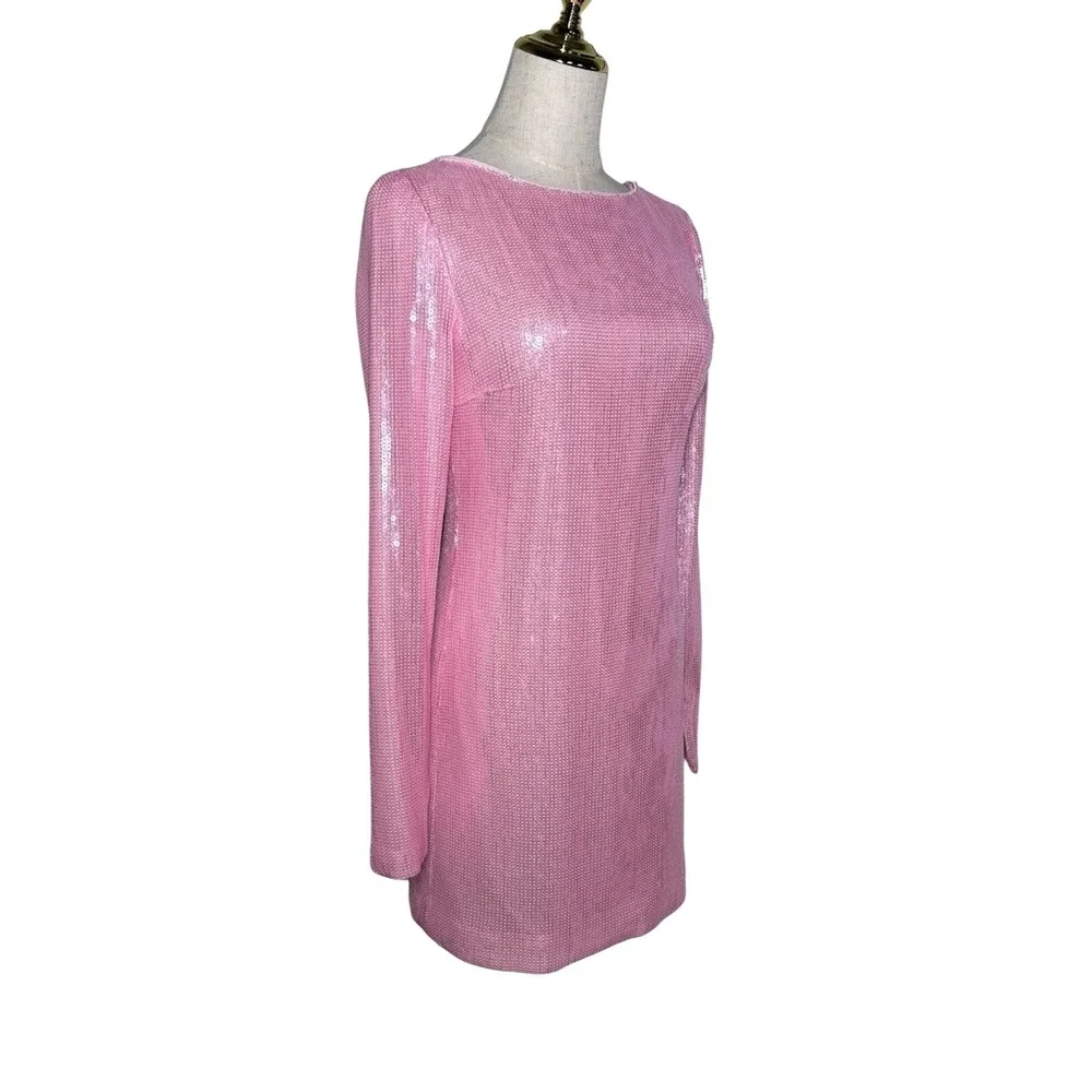 Gianni Bini Sequin Mini Dress Womens 14 Pink Long Sleeve Open Back Shift - Picture 3 of 12